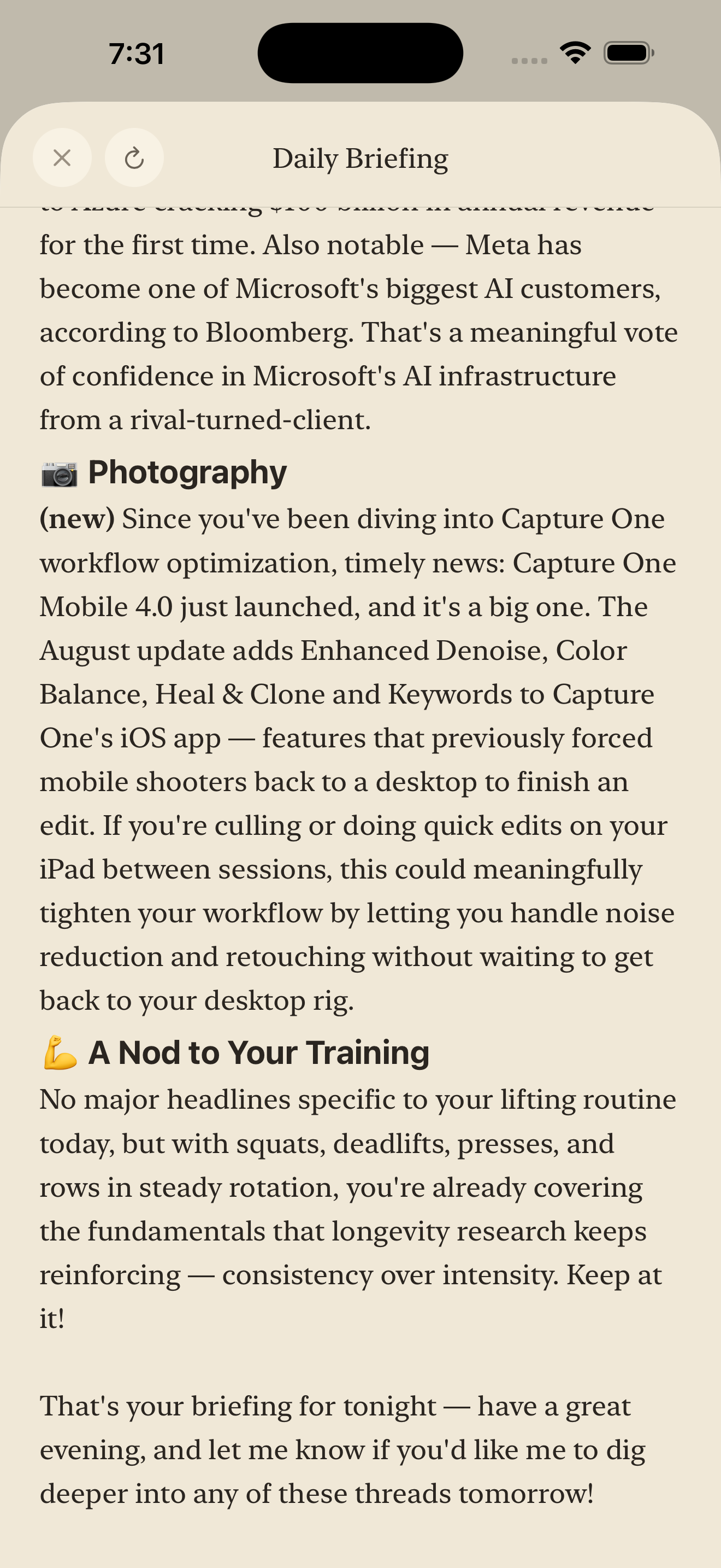 Daily briefing screen with news tailored to the user's interests