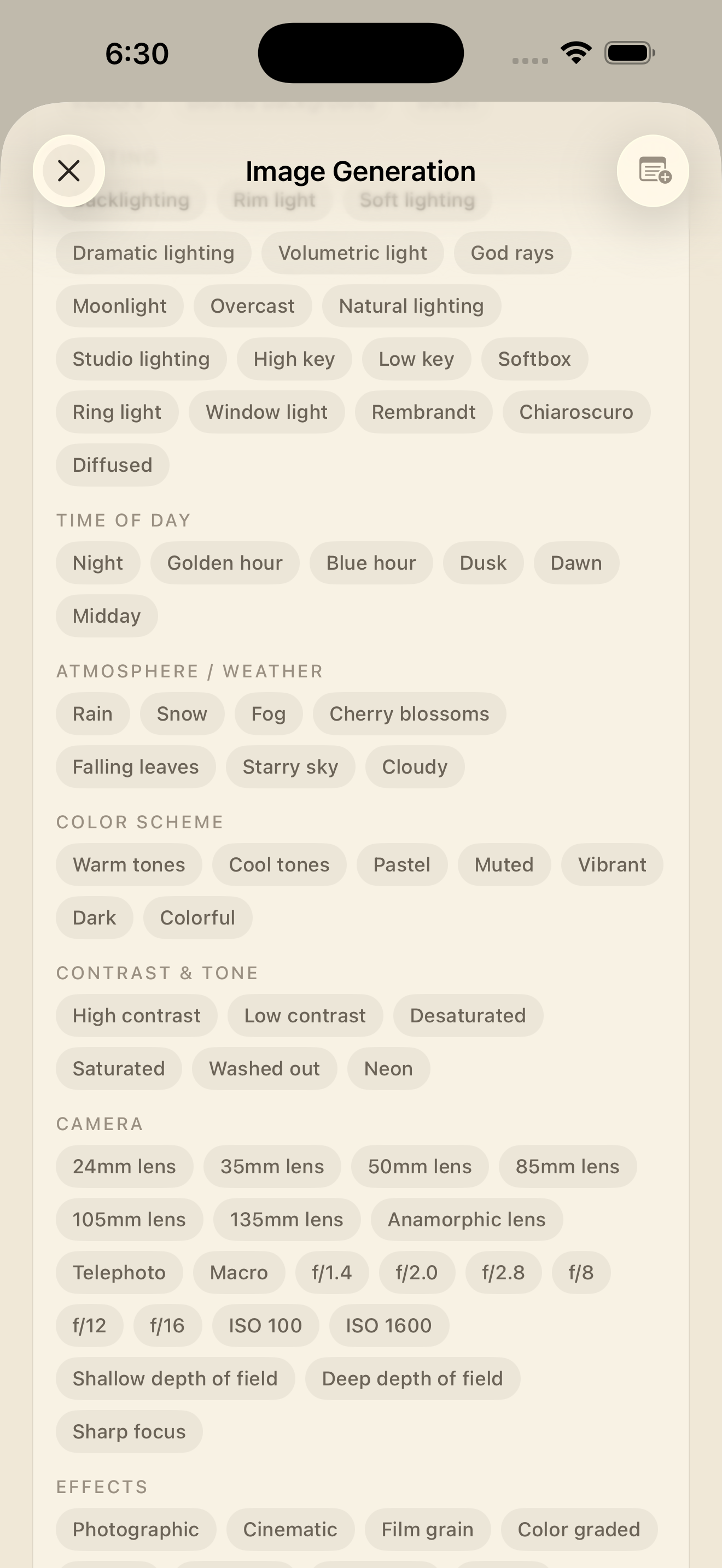 Image generation preset composition tags for background, lighting, and camera