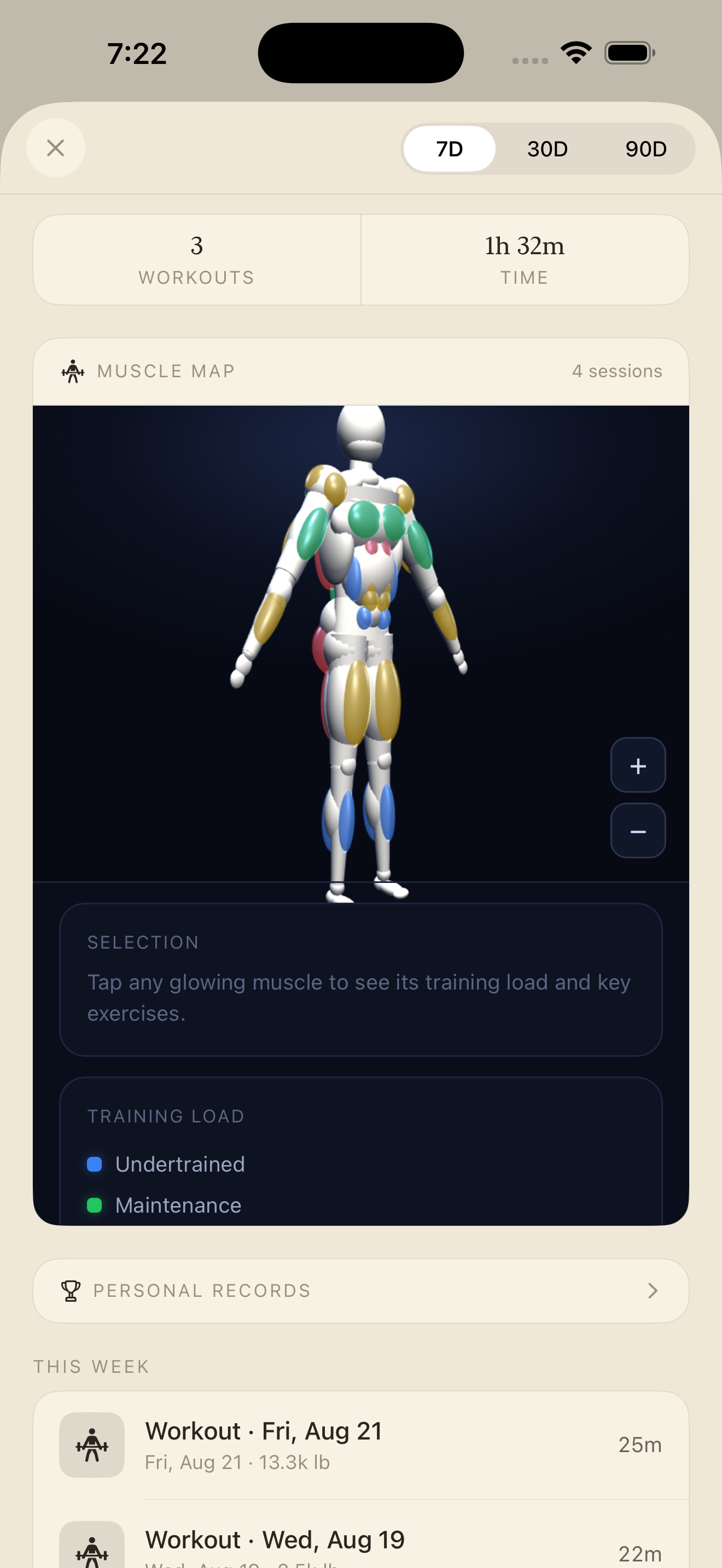 Fitness screen with an interactive 3D muscle map