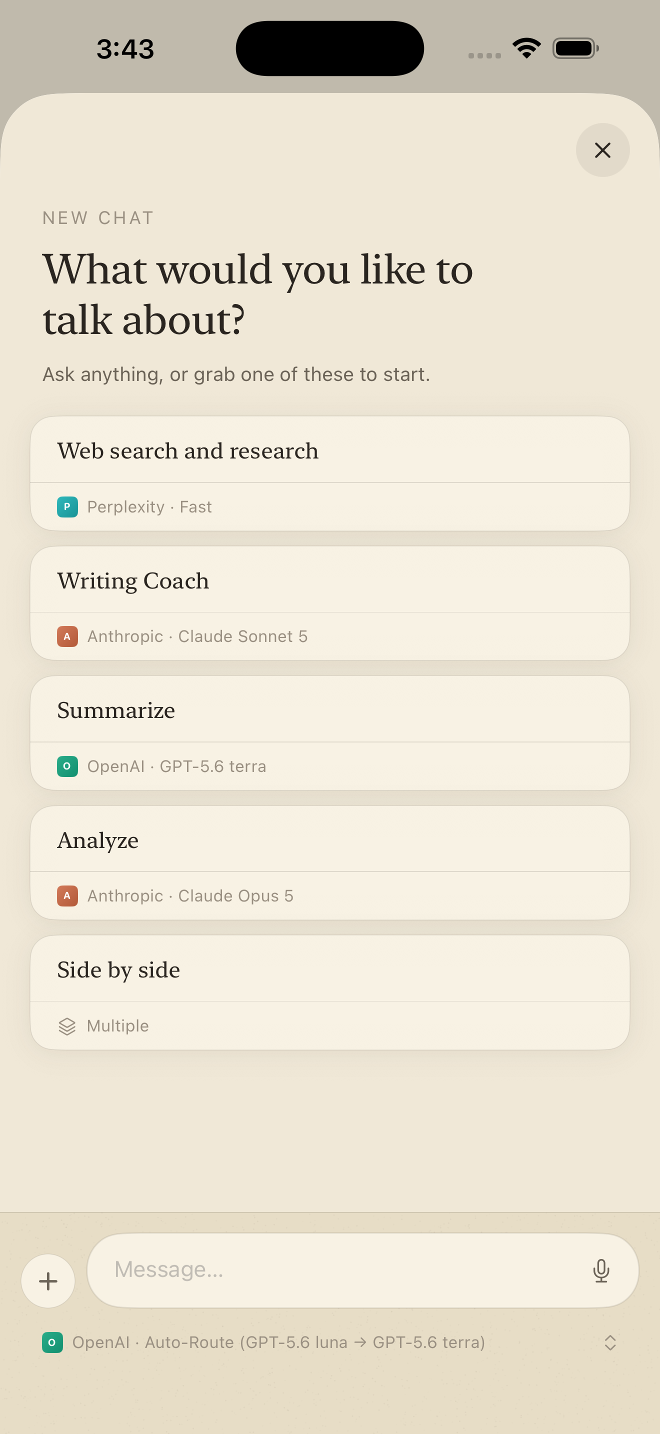 New chat screen with preset cards for research, writing, summarizing, and comparing models