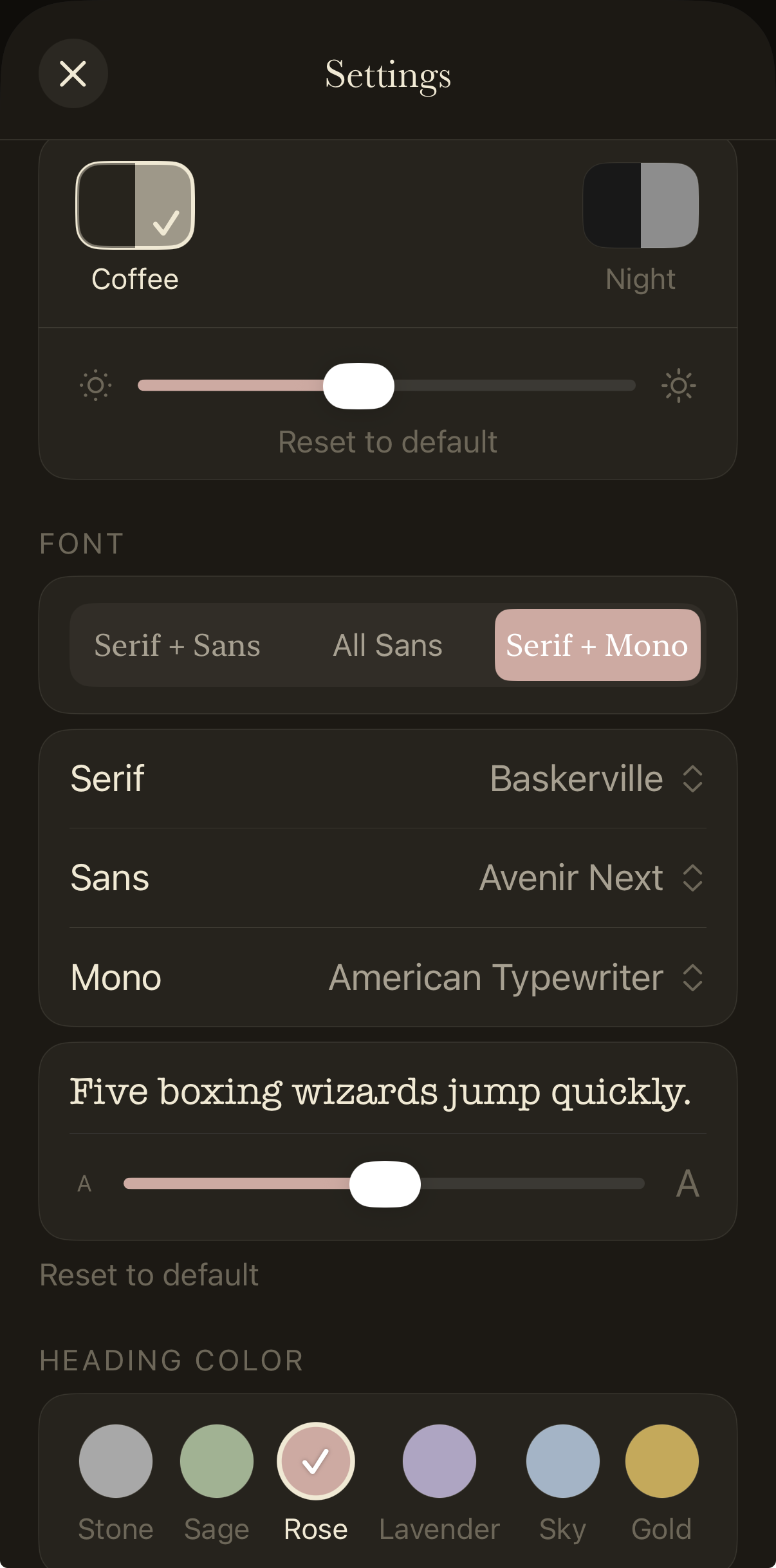 Settings in the dark Coffee theme — theme, brightness, font, and heading color controls
