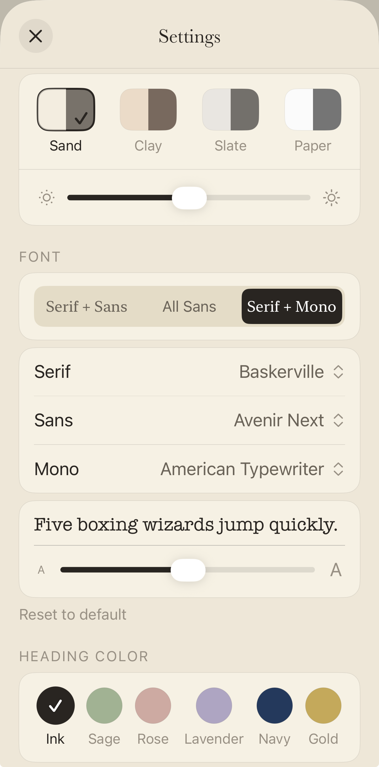 Settings in the light Sand theme — theme, brightness, font, and heading color controls