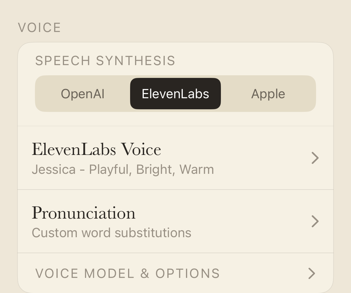 Voice settings — speech synthesis provider, voice selection, and pronunciation