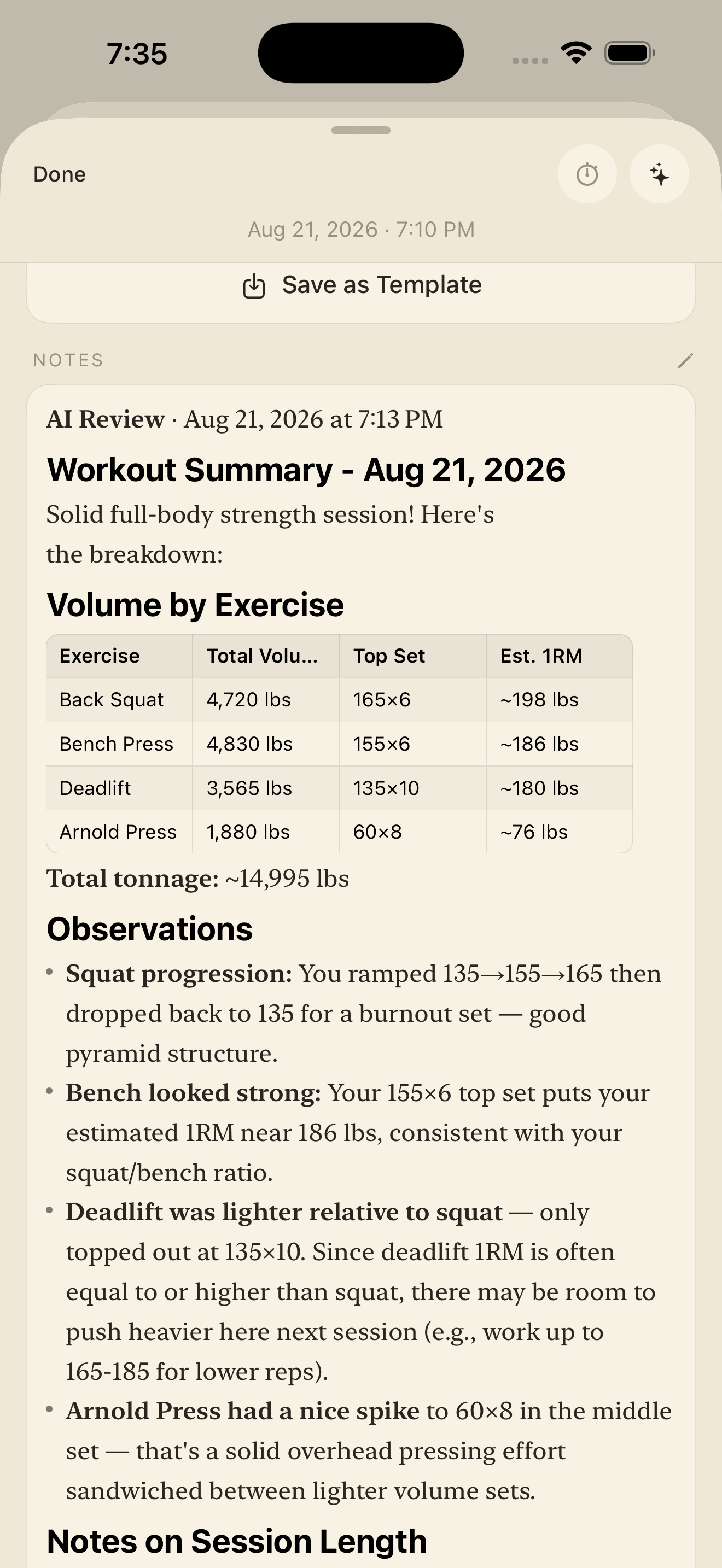 AI review of a workout, showing volume by exercise and observations